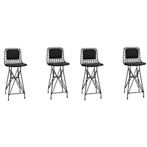 Knsz Orta Boy Tel Bar Sandalyesi 4 Lü Mağrur Siyahsiyah Sırt Minderli 65 Cm Oturma Yüksekliği Mutfak Bahçe Cafe Ofis