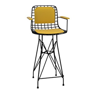 Knsz Orta Boy Tel Bar Sandalyesi 1 Li Mağrur Siyahsrı Kolçaklı Sırt Minderli 65 Cm Oturma Yüksekliği Mutfak Bahçe Cafe Ofis