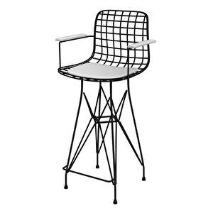 Knsz Orta Boy Tel Bar Sandalyesi 1 Li Mağrur Siyahbeyaz Kolçaklı 65 Cm Oturma Yüksekliği Mutfak Bahçe Cafe Ofis