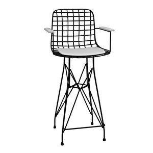 Knsz Orta Boy Tel Bar Sandalyesi 1 Li Mağrur Siyahbeyaz Kolçaklı 65 Cm Oturma Yüksekliği Mutfak Bahçe Cafe Ofis