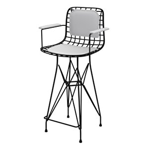 Knsz Orta Boy Tel Bar Sandalyesi 1 Li Mağrur Siyahbeyaz Kolçaklı Sırt Minderli 65 Cm Oturma Yüksekliği Mutfak Bahçe Cafe Ofis