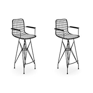 Knsz Kafes Tel Bar Sandalyesi 2 Li Zengin Siyahtalen Kolçaklı 75 Cm Oturma Yüksekliği Ofis Cafe Bahçe Mutfak