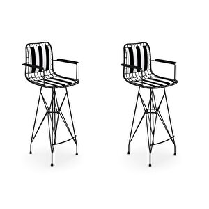 Knsz Kafes Tel Bar Sandalyesi 2 Li Zengin Siyahtuan Kolçaklı Sırt Minderli 75 Cm Oturma Yüksekliği Ofis Cafe Bahçe Mutfak