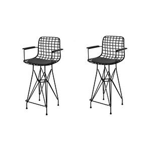 Knsz Orta Boy Tel Bar Sandalyesi 2 Li Mağrur Siyahsiyah Kolçaklı 65 Cm Oturma Yüksekliği Mutfak Bahçe Cafe Ofis