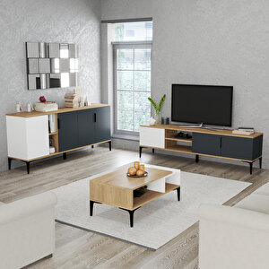 Alonex Home Tarz Tv Üni̇tesi̇ 180 Cm-orta Sehpa-konsol 180 Cm 3'lü Set Beyaz Rengi̇