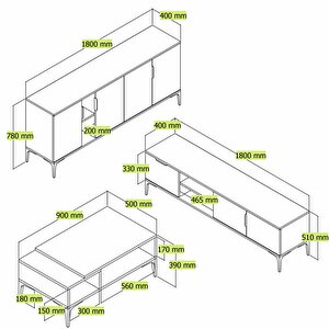 Alonex Home Tarz Tv Üni̇tesi̇ 180 Cm-orta Sehpa-konsol 180 Cm 3'lü Set Antrasi̇t Rengi̇