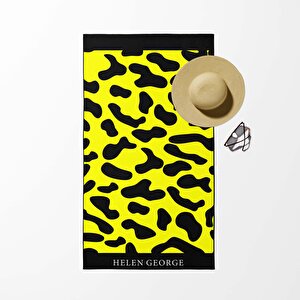 New Land Leopar Siyah Sarı Oversize Plaj Havlusu