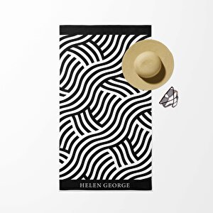 Helen George Marseille Geometrik Siyah Beyaz Çizgili Oversize Plaj Havlusu