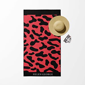 New Land Leopar Siyah Kırmızı Oversize Plaj Havlusu