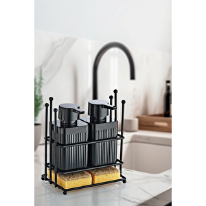 Manolya Metal Standlı Siyah Bulaşık Deterjanı Ve Sıvı Sabunluk Mutfak Seti- 2 Adet Sünger Hediyeli
