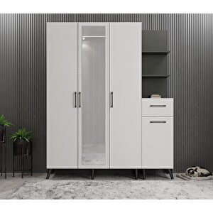 Açelya Aynalı Portmanto Vestiyer Ayakkabılık Füme Beyaz M3 160cm Montaj Dahil