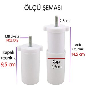 8 Adet Ayarlı Destek Ayağı 9.5 X 14.5 Cm Beyaz Gizli Mobilya Kanepe Baza Koltuk Ayakları Metrik 8 Civatalı İnce Diş