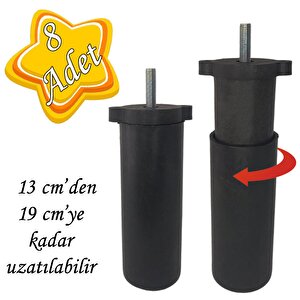 8 Adet Ayarlı Destek Ayağı 13 X 19 Cm Siyah Gizli Mobilya Kanepe Baza Koltuk Ayakları Metrik 8 Civatalı İnce Diş