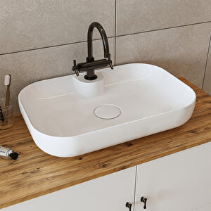 Oval Lavabolu Ayaklı 2 Kapaklı Çekmeceli Mat Beyaz Mdf 80 Cm Banyo Dolabı