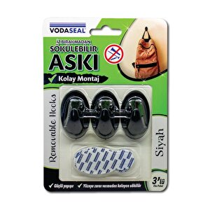 İz Bırakmadan Sökülebilir Askı - 3 Adet - Siyah
