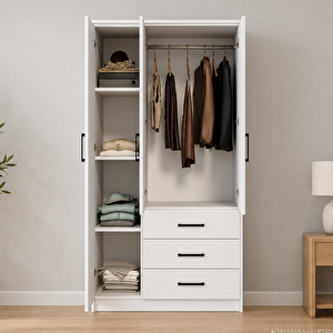 Easy Mat Beyaz 3 Kapılı 3 Çekmeceli Çok Amaçlı Elbise Dolabı