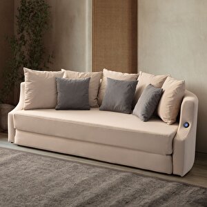 Letto Vip Akıllı Yuvarlak Yataklı Kadife Karyola Kanepe Krem Krem