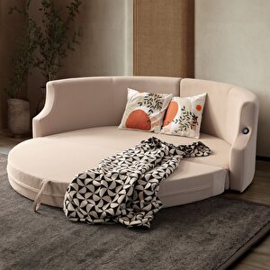 Letto Vip Akıllı Yuvarlak Yataklı Kadife Karyola Kanepe Krem Krem