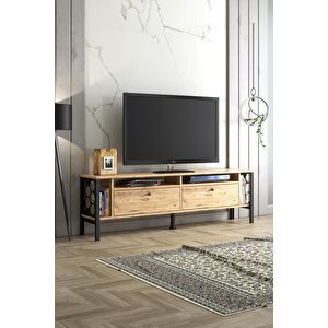 Wood'n Love Luna Metal Ayaklı Dolaplı 180 Cm Tv Geniş Ünitesi - Atlantik Çam / Siyah