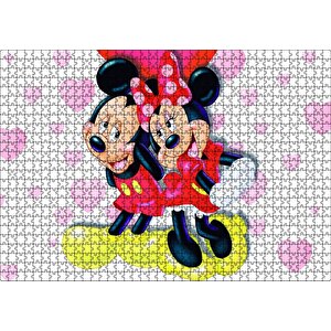 Mickey Ve Minnie Mouse Illüstrasyon Pembe Puzzle Yapboz Mdf Ahşap 1000 Parça