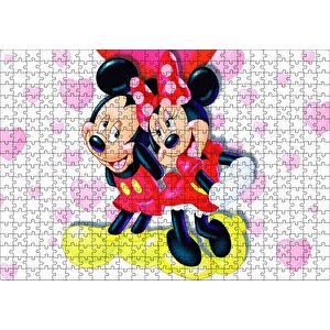 Mickey Ve Minnie Mouse Illüstrasyon Pembe Puzzle Yapboz Mdf Ahşap 500 Parça
