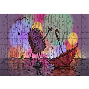 Robot Yağmur Ve Şemsiye Puzzle Yapboz Mdf Ahşap 120 Parça
