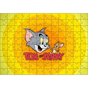 Tom Ve Jerr Logo Sarı Zeminde, Puzzle Yapboz Mdf Ahşap 120 Parça