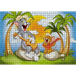 Tom Ve Jerry Şarkı Söyleyen Ada Palmiye Ağaçları Puzzle Yapboz Mdf Ahşap 1000 Parça