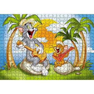 Tom Ve Jerry Şarkı Söyleyen Ada Palmiye Ağaçları Puzzle Yapboz Mdf Ahşap 500 Parça