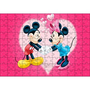 Mickey Ve Minnie Mouse Aşk Çifti Kırmızı Kalpli Puzzle Yapboz Mdf Ahşap 120 Parça