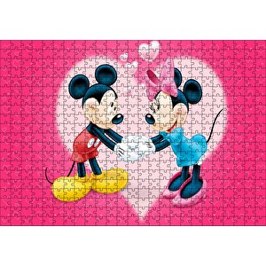 Mickey Ve Minnie Mouse Aşk Çifti Kırmızı Kalpli Puzzle Yapboz Mdf Ahşap 500 Parça