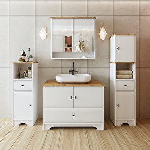 Oval Lavabolu Mat Beyaz Mdf 80 Cm Çekmeceli Banyo Dolabı  Aynalı Üst Dolabı  2 Adet Boy Dolab