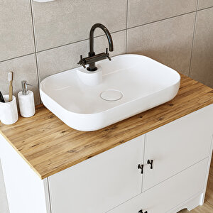 Roomart Oval Lavabolu Mat Beyaz Mdf 80 Cm Çekmeceli Banyo Dolabı  Aynalı Üst Dolabı  2 Adet Boy Dolab