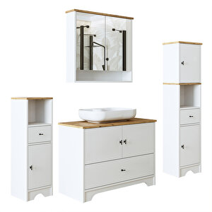 Roomart Oval Lavabolu Mat Beyaz Mdf 80 Cm Çekmeceli Banyo Dolabı  Aynalı Üst Dolabı  2 Adet Boy Dolab