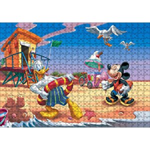Donald Duck Ve Mickey Mouse Yaz Tatili Plaj Puzzle Yapboz Mdf Ahşap 500 Parça