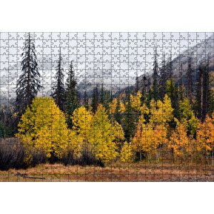 Sonbahar Rengi Ağaçlar Ve Arkada Karlı Dağlar Puzzle Yapboz Mdf Ahşap 500 Parça