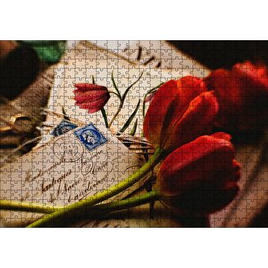 Aşk Mektupları Ve Kırmızı Laleler Puzzle Yapboz Mdf Ahşap 500 Parça