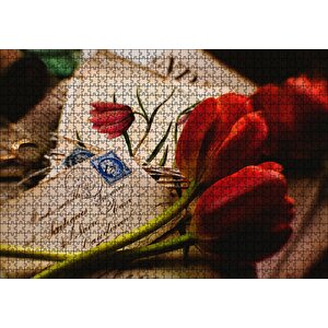 Aşk Mektupları Ve Kırmızı Laleler Puzzle Yapboz Mdf Ahşap 1000 Parça