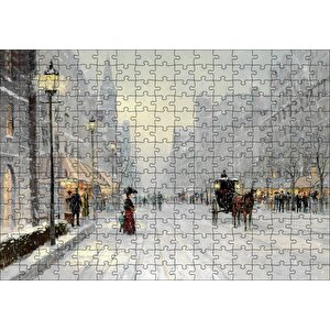 Karlı Şehir Kahverengi At Görseli Puzzle Yapboz Mdf Ahşap 255 Parça