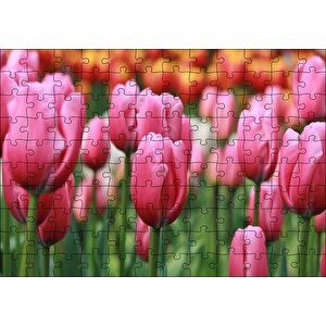 Pembe Lale Tarlası Görseli Puzzle Yapboz Mdf Ahşap 120 Parça