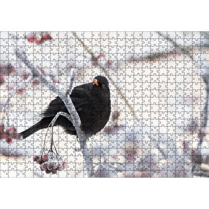 Karlı Dalların Üzerindeki Karatavuk Puzzle Yapboz Mdf Ahşap 500 Parça