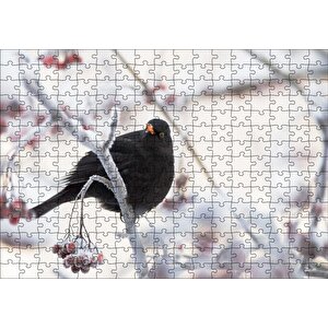 Karlı Dalların Üzerindeki Karatavuk Puzzle Yapboz Mdf Ahşap 255 Parça