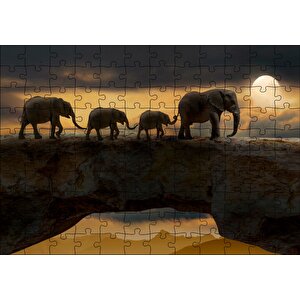Dolunayda Yürüyen Fil Ailesi Ve Bulutlar Puzzle Yapboz Mdf Ahşap 120 Parça