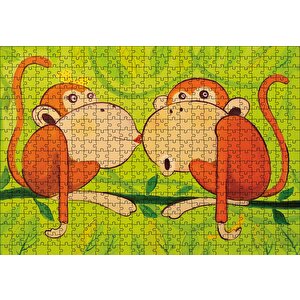 Maymunlar Aşk Öpücüğü Puzzle Yapboz Mdf Ahşap 500 Parça