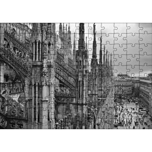 İtalya Milano Görkemli Katedral Siyah Beyaz Puzzle Yapboz Mdf Ahşap 120 Parça