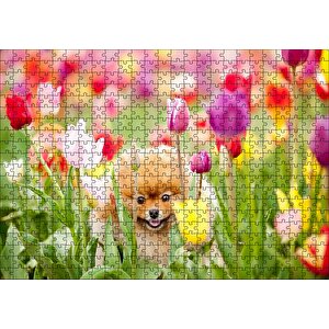 Rengarenk Laleler Arasındaki Sevimli Kahverengi Köpek Puzzle Yapboz Mdf Ahşap 500 Parça