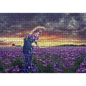 Mor Laleler Mor Elbiseli Kadın Mor Gökler Puzzle Yapboz Mdf Ahşap 1000 Parça