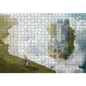 Bulutlar Kale Ve Bisikletli Genç Puzzle Yapboz Mdf Ahşap 500 Parça