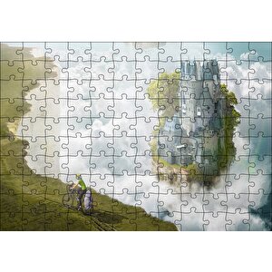 Bulutlar Kale Ve Bisikletli Genç Puzzle Yapboz Mdf Ahşap 120 Parça