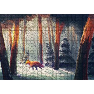 Karlı Orman Günışığı Ve Kurt Animasyon Görseli Puzzle Yapboz Mdf Ahşap 500 Parça